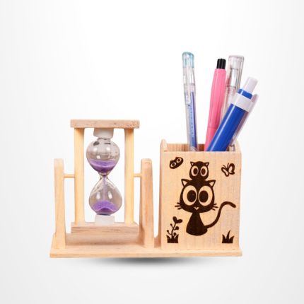 Wooden pen stand with balur ghori hourglass sand timer desk organizer for home office and study table use | হোম, অফিস ও স্টাডি টেবিলের জন্য প্রিমিয়াম কাঠের পেন স্ট্যান্ড ও বালুর ঘড়ি ডেস্ক অর্গানাইজার