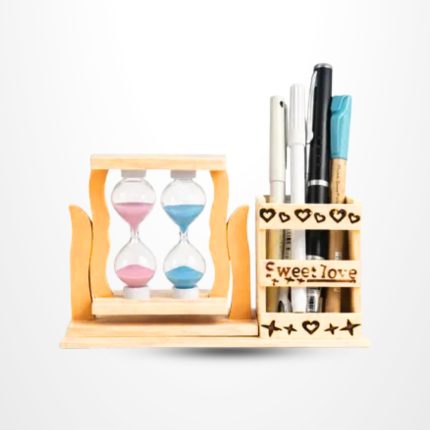 Wooden Pen Stand with Double Hourglass Sand Timer Desk Organizer