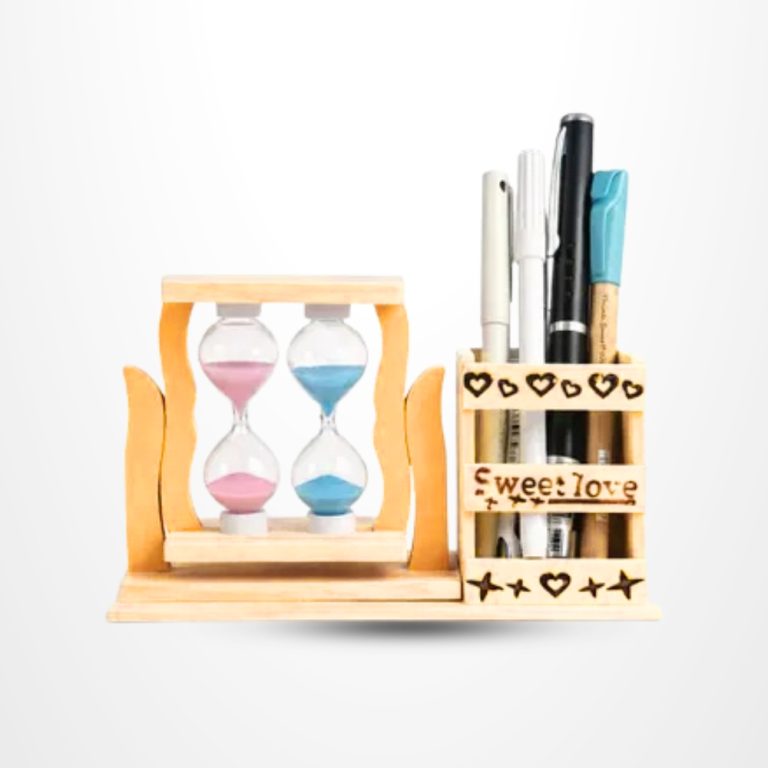 Wooden Pen Stand with Double Hourglass Sand Timer Desk Organizer