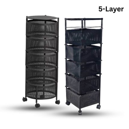 5 Layer Round Kitchen Rack 360 Degree Rotating with Wheels