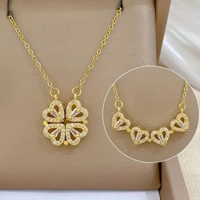 2-in-1 Magnetic Four Leaf Clover Heart Gold Necklace