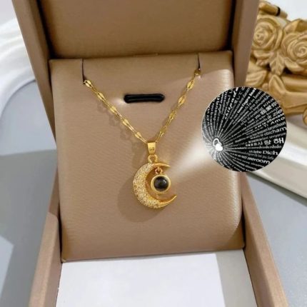 I Love You Crescent Moon projection necklace with golden pendant